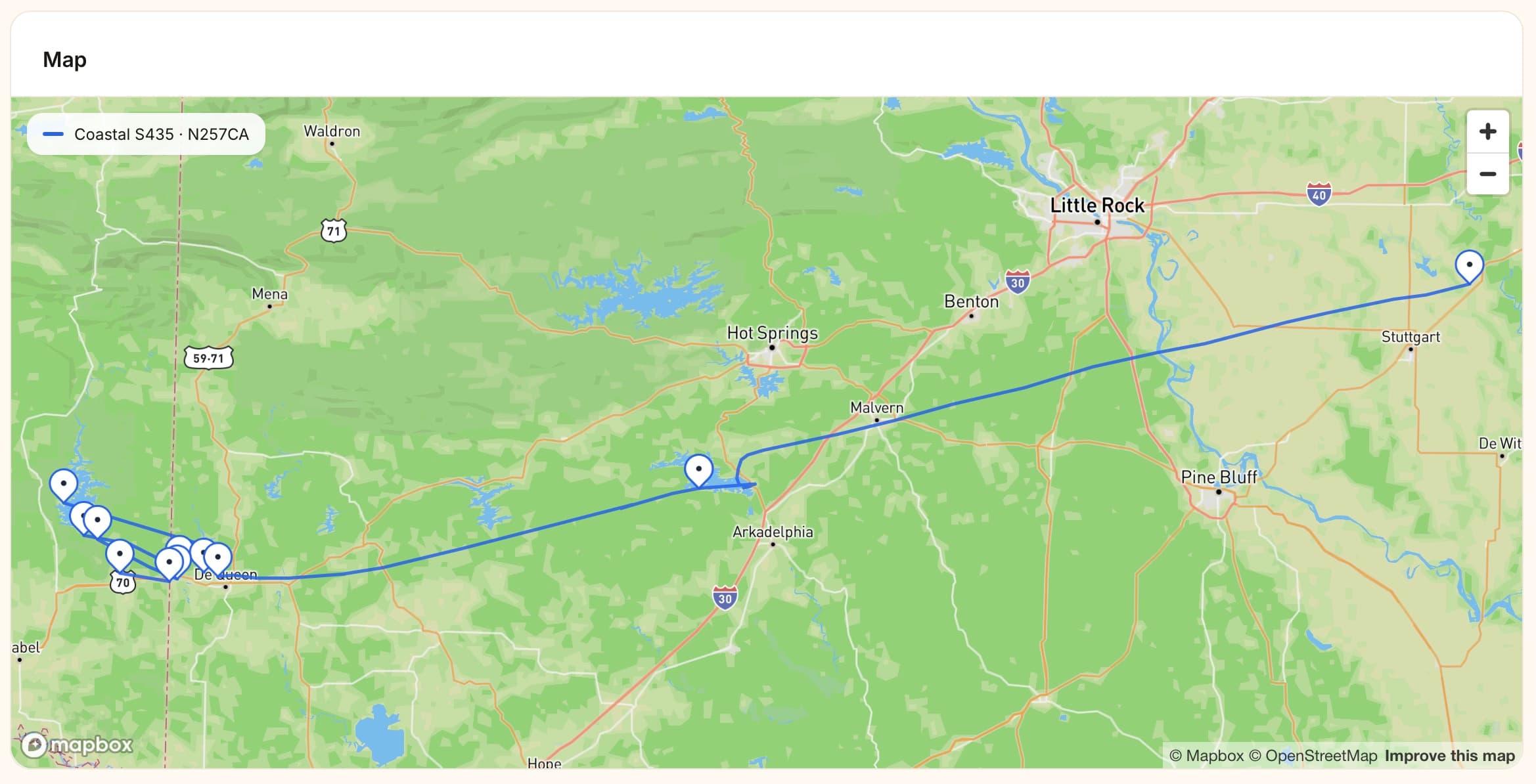 Map with the flights of a firefighting aircraft over Arkansas